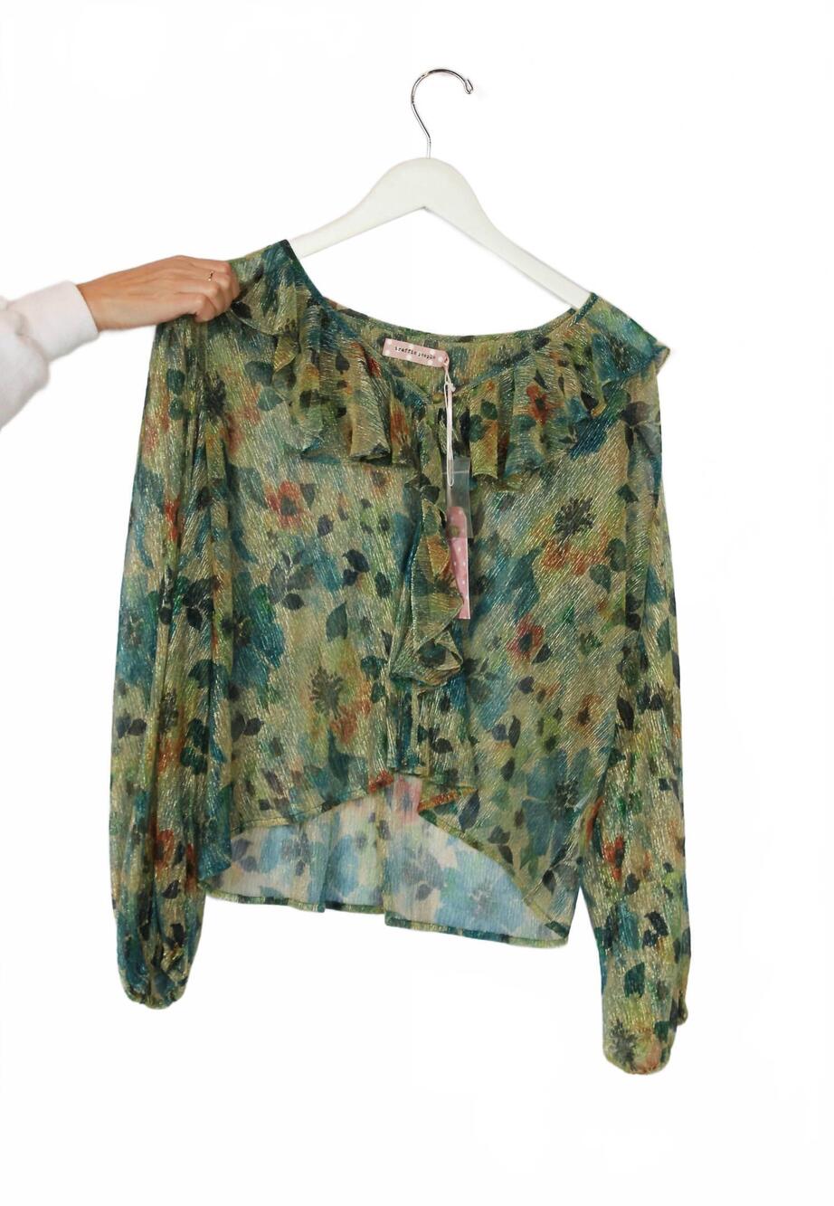 NEW TRAFFIC PEOPLE women's wilma tiered ruffle shirt in green floral